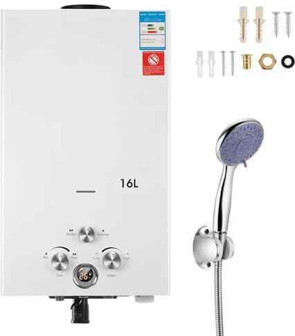 Gas Durchlauferhitzer 8Liter Outdoor Tragbarer Gas-Wassererhitzer Propan-Durchlauferhitzer mit Digitalanzeige, mit Galvanisierter Duschkopf, Mehrfachschutz für Campingausflüge Bootshaus (8L 16KW)