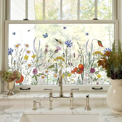 Fensterfolie Fenster Frühlingsdekor Fensterglasfolie Botanisches Blumenmuster Statisch haftend Kein Klebstoff Wiederverwendbar Geeignet für Wohnzimmer Durchsichtig, Blumen, 44X200CM