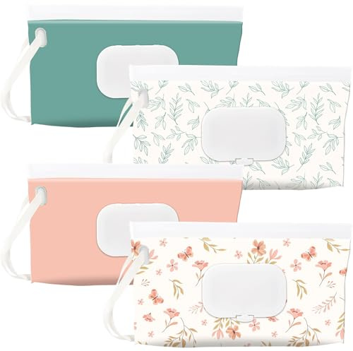 SANNIX Feuchttücher Tasche für Babys, 4 Feuchttücher Tasche für Unterwegs Feuchttücherbeutel für Babys Tragbar Wiederverwendbar Wet Wipe Tasche Baby Feuchttuchspender Blumen