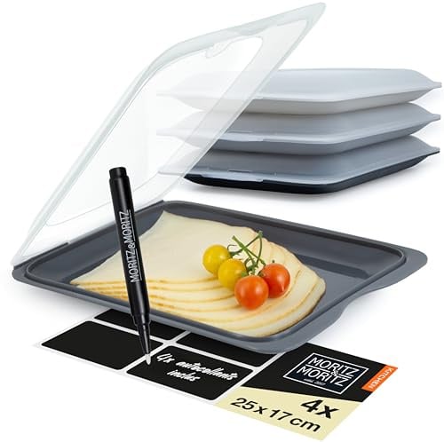 Moritz & Moritz 4er Set Aufschnittbox stapelbar – Frischhaltedosen mit Deckel zur Aufbewahrung von Wurst, Käse, uvm. – inkl. Tafelsticker zum Beschriften