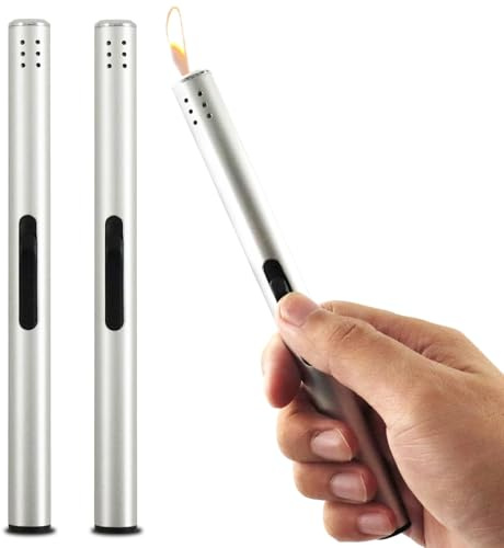 2 x Stabfeuerzeug, Stabfeuerzeug Gas Nachfüllbar, Winddicht Feuerzeug Lang für Camping im Freien, Grill, Küche, Geschenke für Männer (Verkauft ohne Butangas, Bitte vor Gebrauch Aufblasen)