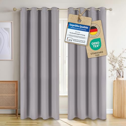 Blumtal Verdunklungsvorhänge 2er Set - Thermovorhang Hitzeschutz - Vorhang Blickdicht mit Ösen - Gardinenschals mit Schlaufen - Lärmschutzvorhang-Gardinen 145x140cm - Schlaufenschal - Gardine Grau