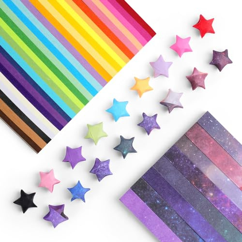 OFFCUP Origami Stern Papierstreifen, 1080 Stück Glücksstern Papierstreifen 27 Farben Kunsthandwerk Sterne Papier Regenbogenfarbe und Sternenhimmel Muster Origamipapier für Bastelarbeiten, Dekoration