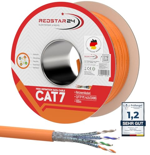 RedStar24 CAT 7 Verlegekabel 100m Netzwerkkabel Datenkabel LAN Kabel Kupfer | Installationskabel CAT.7 Gigabit S/FTP Kat.7 Halogenfrei PIMF POE 10Gbit AWG23 Netzwerk Verkabelung Ethernet Simplex