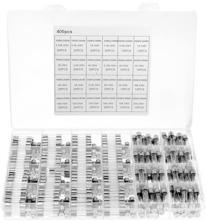 QWORK® 400 Stück 24 Werten Glassicherungssortiment, 5 x 20 mm 0,25 A-20 A Glassicherung, Sicherungen, für elektrische Geräte