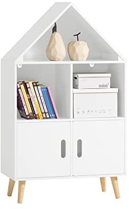 SoBuy Kinderregal Haus-Design 60x103x30 cm für Kinderzimmer | Bücher- & Spielzeugregal mit 3 Fächern & 2 Türen, Kippsicherung, stabil, Weiß KMB58-W