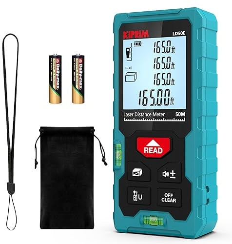 Laser Entfernungsmesser Hohe Genauigkeit, 50 m, Kiprim LD50E, Laser-Maßband, Compaktes Laser-Messgerät mit Größerem Hintergrundbeleuchtetem LCD-Display, ft/m/in-Umschaltung, Wasserwaage