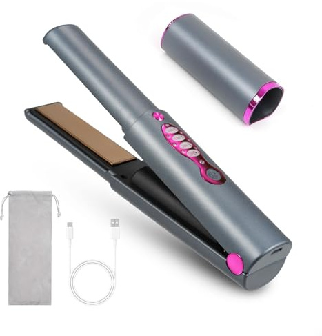 Layhou Kabelloser Haarglätter, Mini-Glätteisen, tragbar, für Reisen, Glätteisen und Lockenstab, kabellos, 2 in 1, wiederaufladbar, 3 Temperaturstufen und schnelles Aufheizen