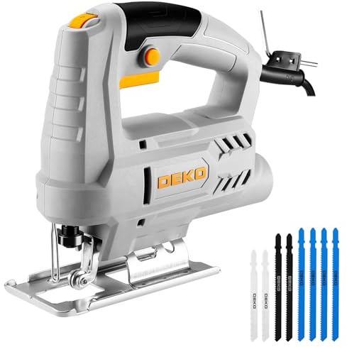 Elektro-Stichsäge 400 W: DEKOPRO Stichsäge mit 6-Gang-Variablengeschwindigkeit 0–3000 SPM, ±45° Schrägabschnitt-Funktion Jigsaw, 8 Sägeblätter für Holz, Metall und Kunststoff