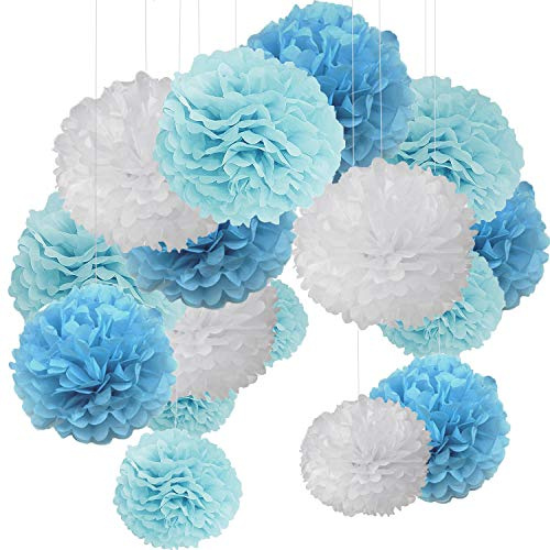 15er Set Pompoms Deko Bunt Seidenpapier Pompons für Hochzeit, Geburtstag, Party Blau Flach Blau Weiß