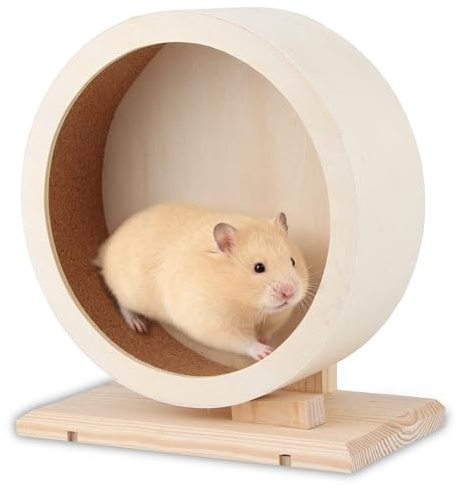 Hamsterrad Holz 25 cm, Geräuschloses Laufrad mit Korkstreifen und Standfuß für Hamster, Chinchillas, Mäuse und Kleintiere, Sicher und Stabil für Käfigtraining