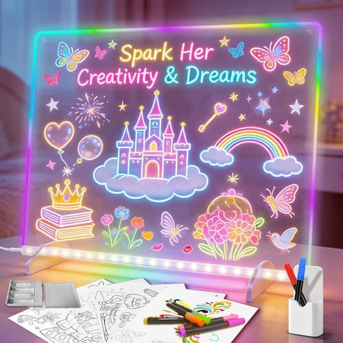 LED Zeichenbrett, Notiztafel mit 8 Farben 6 Beleuchtungsmodi, Acryl Schreibtafel mit Batteriepack, Komplettes Geschenkbox-Set mit Zubehör,Led Maltafel Kinder, Zeichnen, Memo, Werbetafel