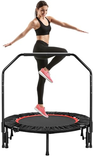 LIFERUN Fitness Trampolin Indoor Ø101cm,Tragfähigkeit 150 kg,Workout Rebounder,mit 3 Verstellbare Handgriffstufen,mini Trampoline für Erwachsene,Rot