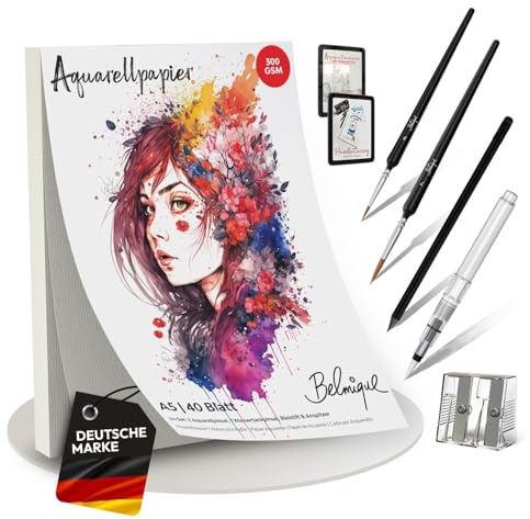 Belmique Aquarellpapier A5 Set inkl. XXL-Zubehör I 40 Seiten 300 g/m² – Aquarell Block mit rauer & glatter Oberfläche – inkl. Pinsel, Brushpen, Bleistift & Videokurs