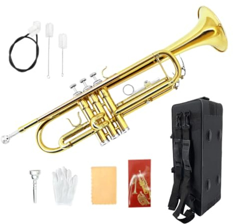 WUQIMUSC Standard Bb Trompete Set für Anfänger, Studenten Trompete, Messing Trompeteninstrument, B Flach, mit 7C Mundstück, Reinigungstuch, Handschuhen und Hartschalenkoffer (Golden)