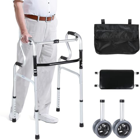 Ollewiellan Gehhilfe für Senioren, Gehbock Klappbarer mit 2 Lenkrollen, Gehhilfe erwachsene Gehgestell höhenverstellbar aus Aluminium, Rutschfest Stabil Gehwagen Bis 180 kg, Silber