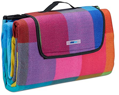 Relaxdays Picknickdecke XXL, 200 x 200 cm, Fleece Stranddecke, wärmeisoliert, wasserdicht, mit Tragegriff, bunt kariert, schwarz-rot