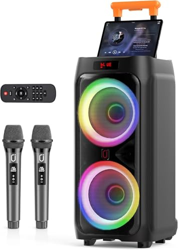 HWWR Karaoke Maschine mit 2 Mikrofonen, All-in-One Karaoke Anlage mit 5,25 Tieftöner, Echo-Anpassung, kräftigem Bass, Karaoke-Modus, TWS, TV & Gitarrenanschluss für Familie,Gartenparty,Geburtstag,BBQ