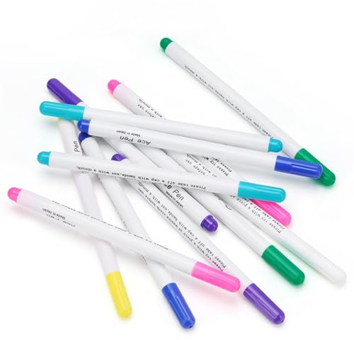 Trickmarker Wasserlöslich, 12 Stück 7 Farbe Wasserlösliche Stifte, Wasserlöslicher Stift für Stoffstifte Nähen Selbstlöschend, Wasser Löschbaren Markierstift Stoff, Textilstifte Auswaschbar