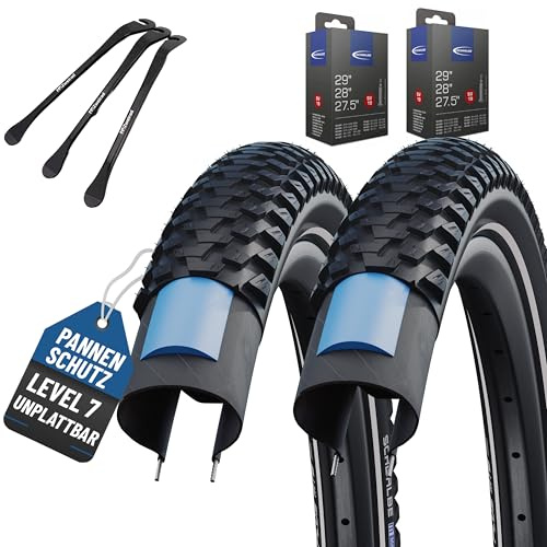 2er Set Schwalbe Fahrradreifen Marathon Plus MTB 29 oder 27,5 Zoll (ETRTO 54-584,57-584,57-622) wählbar mit AV DV SV SCV Schlauch + 3 Metall Reifenheber