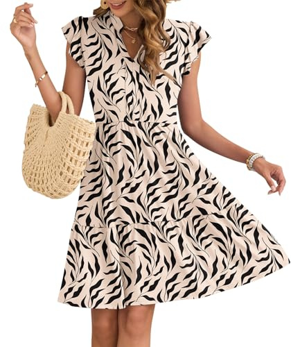AUSELILY Damen Sommerkleid V-Ausschnitt Strandkleid Rüschen Ärmel Taschen | Kleid Rüschen Ärmel Minikleid Elastische Taille Knielang Strandkleid Elastischer Bund Elegant Leicht Kurz mit Taschen