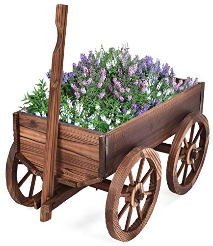 DREAMADE Blumenwagen Pflanzkarre aus Anti-Korrosions Holz, Blumenschubkarre mit 4 Rädern, Pflanzschubkarre als Dekoration, Blumenständer für Garten Terrasse Balkon, 120x43x53,5cm, braun