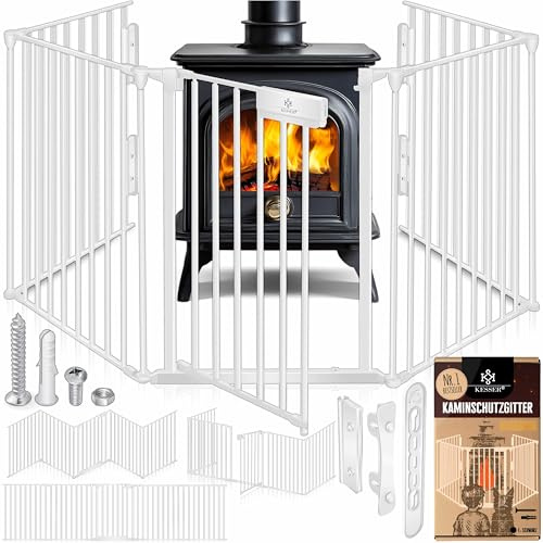KESSER® Kaminschutzgitter mit Tür 305 cm Metall Ofenschutzgitter Laufgitter Laufstall Absperrgitter Tierschutzgitter Türschutzgitter für Kinder-Sicherung, 5-teilig Elemente (je 60 x 75 cm) Weiß