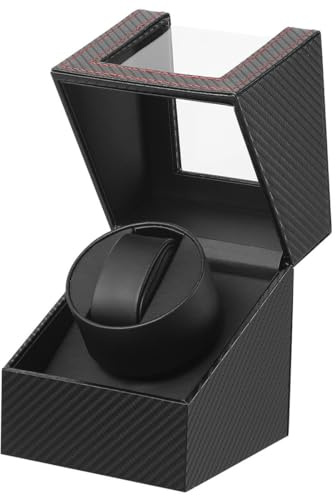 LINGFANSTORE Automatische Uhrenbeweger Box,luxuriöser Single Uhrenbeweger,Uhrengehäuse mit leisem Mabuchi Motor,Batteriebetrieb oder Netzteil PU Leder (Faser aus Kohlenstoff)