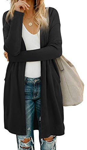 OUGES Damen Langarm Strickjacke Lang Leicht Cardigan Casual Strickmantel mit Taschen