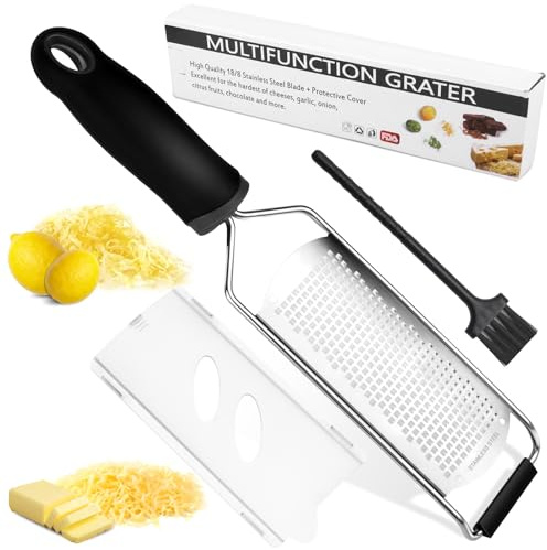 Käsereibe Zitronenreibe Muskatnuss Reibe mit Schutzhülle & Reinigungsbürste & Gummigriff schwarz für Hartkäse, Zitrus, Schokolade, Gemüse, Obst