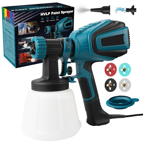 Farbsprüher, 700W HVLP Elektrische Spritzpistole, 1200ML Behälter, 1000 ml/min mit Reinigungs & Blasanschlüssen, 4 Düsen & 3 Sprühmuster, Einstellbarer Durchfluss, für Zuhause, Möbel, Wände & Zäune.