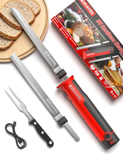 EZUVITA 8V Elektromesser, Kabelloses Küchenmesser mit 2 Edelstahlklingen, Elektrisches Messer mit Gabel, austauschbarer 2000-mAh-Akku, geeignet für Truthahn, Fleisch, Geflügel, Brot, Käse (Rot)