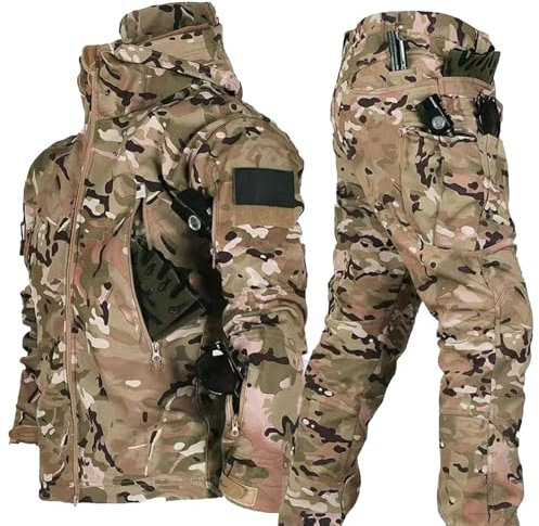 TAUIANE 2-Teiliger Snowboard Schneeanzug, MilitäRbekleidung Kampfanzug, Taktische Jacke Und Hose, Wasserdicht, Herren Winterkleidung Warm, Skisport, Wandern, Outdoor,Cp camo,XXL