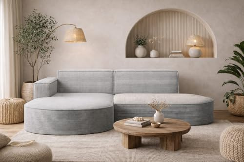Kaiser Möbel - Ecksofa mit Wohnlandschaft, Eckcouch L-Form, Sofa 3-sitzer, Polstersofa, Bequemes Couch mit Ottomane für Wohnzimmer, Relaxsofa, Stilvolles Cord Sofa, Modena Studio, Hellgrau, Links