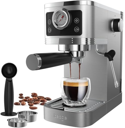 iceagle Espresso Siebträgermaschine 20-Bar Italienischer Pumpe | 1350W Espressomaschine Edelstahl mit Milchaufschäumer, Kaffeemaschine für Cappuccinoo, Touchscreen mit Druckanzeige, 1.3L Wassertank