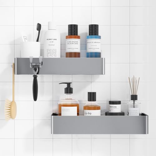 Kitsure Duschablage ohne Bohren - 2 Stück rostfreie Badezimmer Organizer, schnell trocknende Badregal ohne Bohren mit großer Kapazität, langlebige Shampoo Halterung für Duschel, Large, Silber