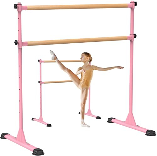 Dolibest Ballettstange Freistehend, 10 Höhenverstellbare Ballet Stange Rosa Kinder Mädchen Tragbar Tanzstange Erwachsene Zuhause Mobile Boden Fitness Yoga Stretchstange Holzstange, 120 x 71cm