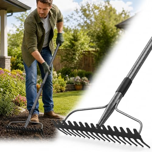 Garten Rechen, Metallharke mit 17 Zinken, Hochleistungs-Gartenharke 4 FT mit Edelstahlgriff, grau