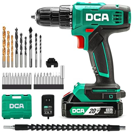 DCA Akku-Bohrschrauber-Set, 40 Nm Drehmoment, 10 mm schlüsselloses Bohrfutter, Elektroschrauber mit 2,0Ah Akku und Ladegerät, 18+1 Drehmomentstufen, 25-teiliges 20V-Bohrerset, Modell ADJZ2035