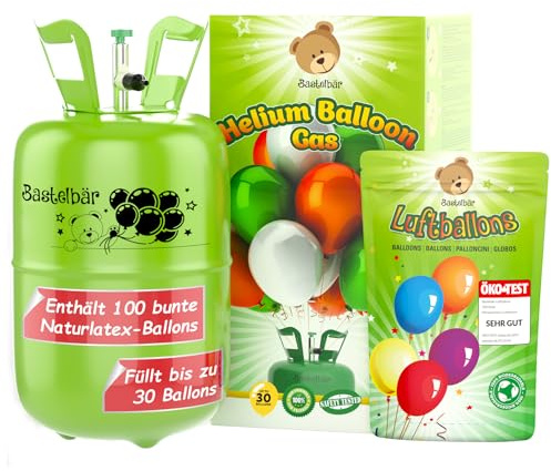Helium Gasflasche + 100 Luftballons ÖKO-TEST SEHR GUT • für ca. 30 Ballons ✓ garantierte 200l Ballongas ✓ Ballons MADE IN EU ✓ Helium Balloon Gas • praktisches Füllsystem für Party, Geburtstag uvm.