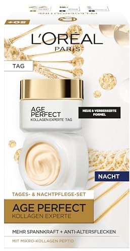 L'Oréal Paris Gesichtspflegeset, Anti-Aging Tag und Nacht Feuchtigkeitspflege für straffere Haut, mit Kollagen-Peptid, Age Perfect Kollagen Experte Gesichtscremes, 2 x 50ml