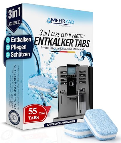 3-in-1 Entkalkungstabletten für Kaffeevollautomaten & Kaffeemaschinen (55 Stück) - kompatibel mit Jura,Siemens EQ-Series, Bosch, Miele, Melitta, Krups, Tassimo uvm Made in Germany