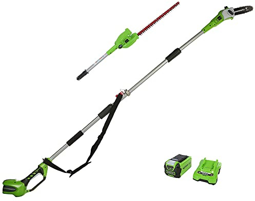 Greenworks G24PSHK2 2-in-1 Akku Stabheckenschere & Akku Hochentaster mit Schultergurt, Astsäge 20 cm Klinge, Heckenschere 51 cm Doppelklingen, 40V 2Ah Akku & Ladegerät, 3 Jahre Garantie