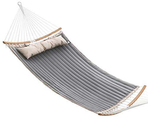 SONGMICS Hängematte für 2 Personen, gepolstert, Outdoor Hängematte mit trennbaren Bambusstangen, Camping-Hängematte mit Kissen, 200 x 140 cm, max. 225 kg belastbar, grau-beige GDC34CG