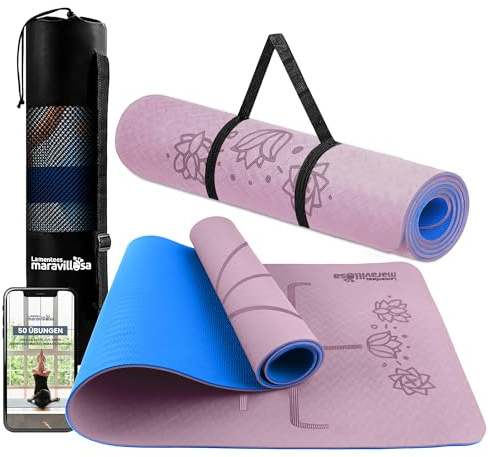 LA MENTE ES MARAVILLOSA - Gymnastikmatte, Rutschfest Yogamatte inkl. Tragegurt + Tasche + Übungs-E-Book, Gepolstert, Hautfreundliches TPE für Fitness/Pilates/Workout 183x61 cm (Blumen, Rosa/Blau)