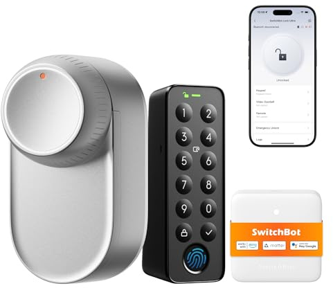 SwitchBot WLAN Smart Lock Ultra mit Touchscreen-Tastatur, Türriegelschlösser, Smartes Türschloss, Elektronisches Türschloss, Türöffner per App, Fingerprint, Code, Alexa, Google, unterstützt Matter