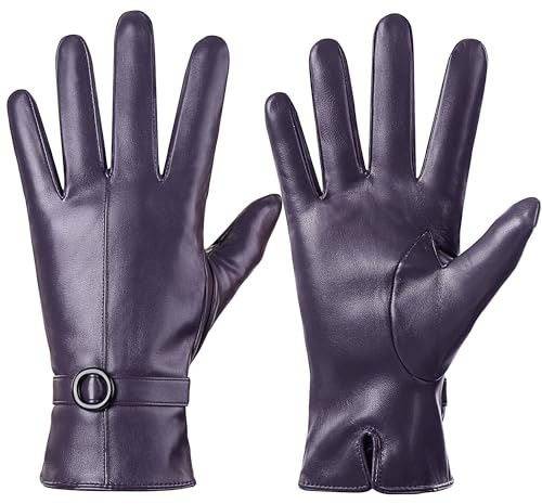 Dsane Damen Winter Lederhandschuhe Touchscreen Texting Warm Fahren Lammfell Handschuhe (Lila, L)