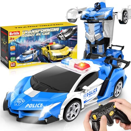 Britik Spielzeug für 3-8 Jahre Mädchen Junge: Transformator Ferngesteuertes Polizeiauto Spielzeug für Kinder Geschenk für Junge 3 4 5 6 7 8 9 10 Jahre RC Auto Roboter 360°Drehung 2,4Ghz Fernbedienung
