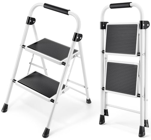 KINGRACK 2 Stufen Leiter, Trittleiter mit Handläufen, Stufenleiter, Klappleiter Tritthocker, Klapptritthocker für Erwachsene mit Griff, Haushaltsleiter Anti-Rutsch-stabilem und breitem Pedal, weiß