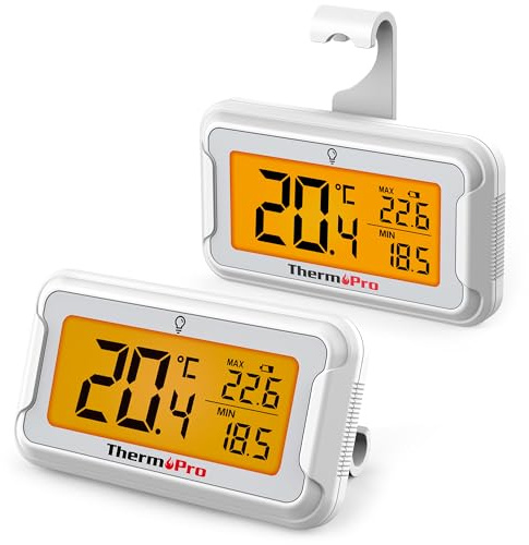 ThermoPro Kühlschrankthermometer Digital Gefrierschrank-thermometer mit großem LCD-Display & Hintergrundbeleuchtung, Max/Min-Aufzeichnung Thermometer mit Magnet- und Ständeroptionen 2 Stücke